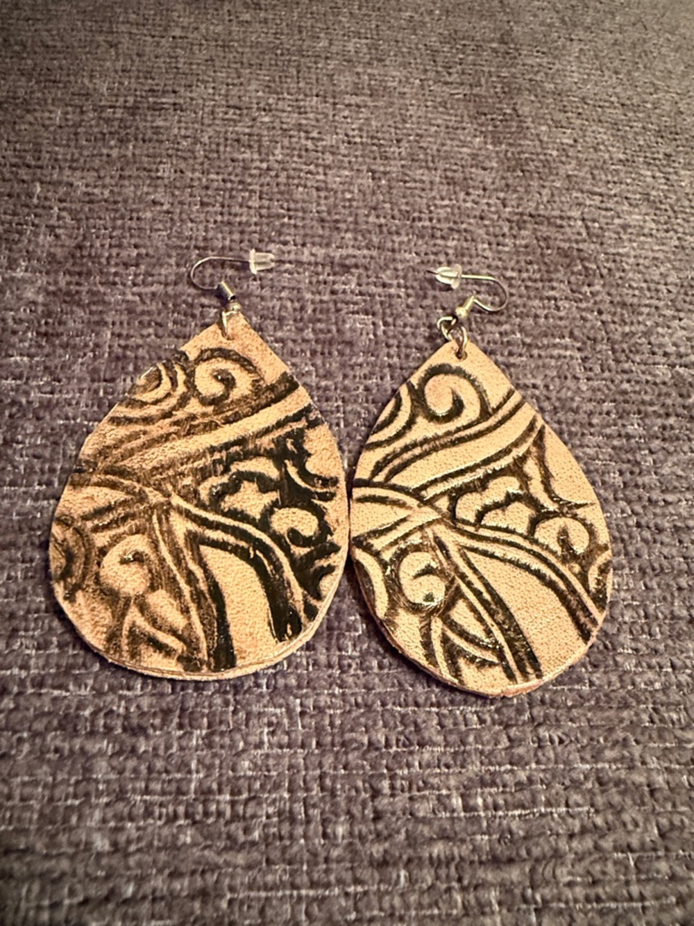 Gold and Black Teardrop Leather-Textured Earrings